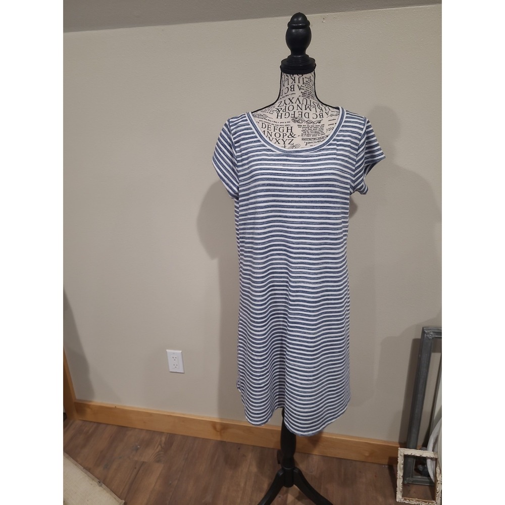 Thyme & Honey Nautical Coastal Navy white striped T Shirt Shift Dress Women SZ L